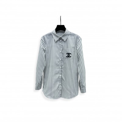 CHANEL STRIPED EMBROIDERED LOGO BLOUSE SHIRT 